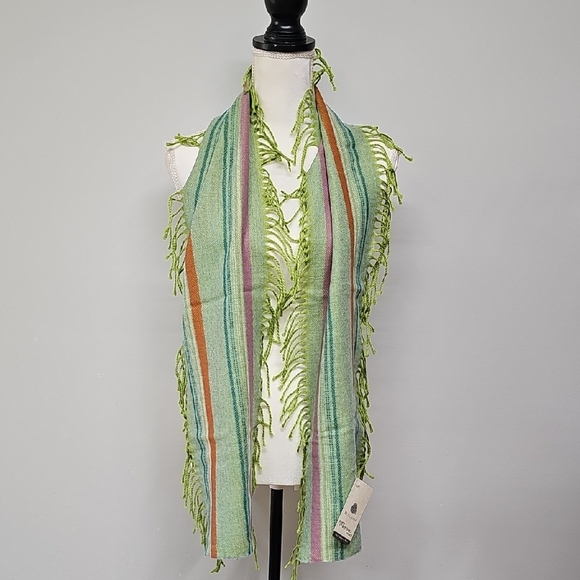 Victoire Mathieu Paris Merino Wool Fringed Scarf, Green Orange Purple Stripe - Picture 1 of 7